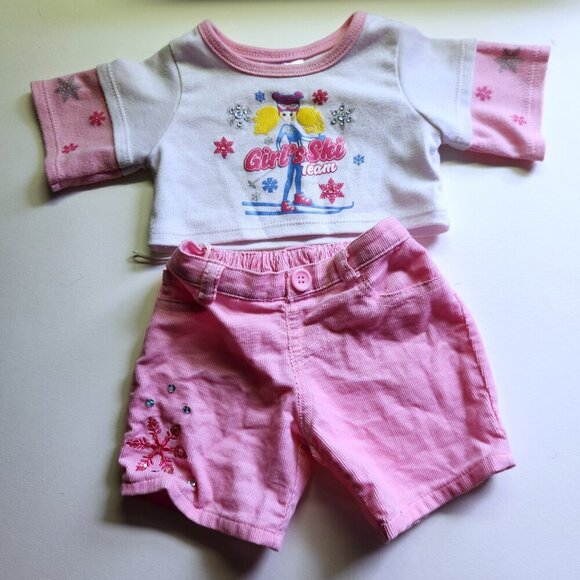 Build a Bear Girls Ski Team Winter Outfit Top and Shorts White Pink Snowflake - Picture 1 of 7